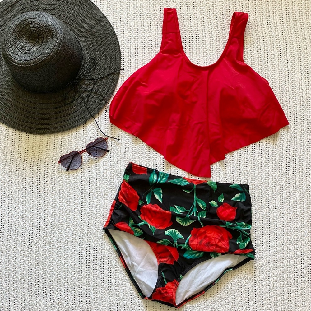 Rose Print Two-Piece Retro Highwaist Bikini